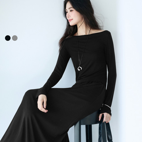 伊芙丽莫代尔莱赛尔一字领抽褶长袖打底T恤半身裙2025春季新款套