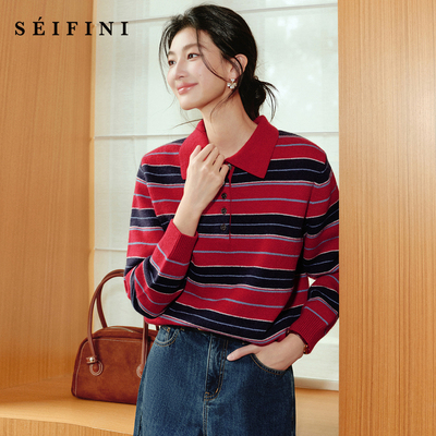 孟子义代言诗凡黎不规则条纹Polo针织衫25冬新款高智通勤显瘦毛衣