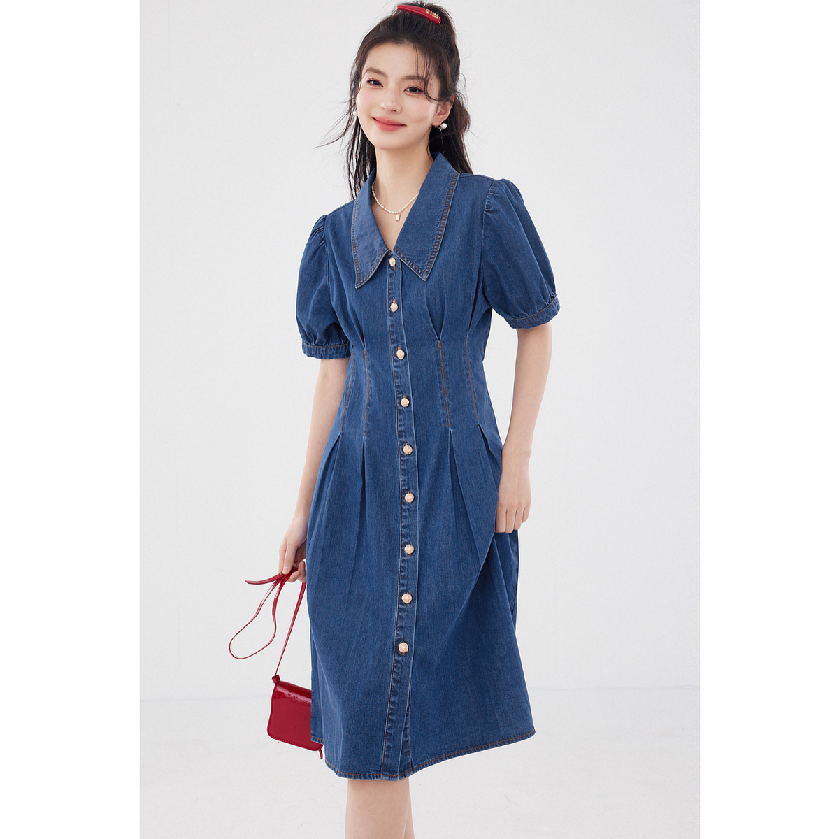 诗凡黎纯棉翻领短袖牛仔连衣裙2024夏新款通勤流行好看气质中长裙