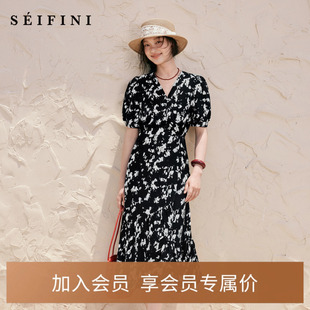 泡泡袖 法式 优雅小黑裙 V领碎花连衣裙2025夏新款 诗凡黎浪漫围裹式