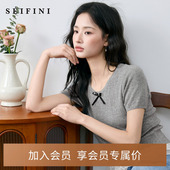 诗凡黎蝴蝶结蕾丝拼接灰色针织衫 上衣 漂亮轻薄短袖 2025夏新款 时尚