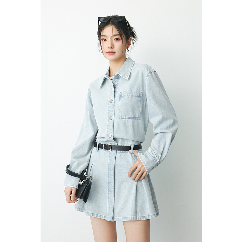 诗凡黎短款a字压褶牛仔连衣裙2024秋新款小个子高级感甜酷裙子女