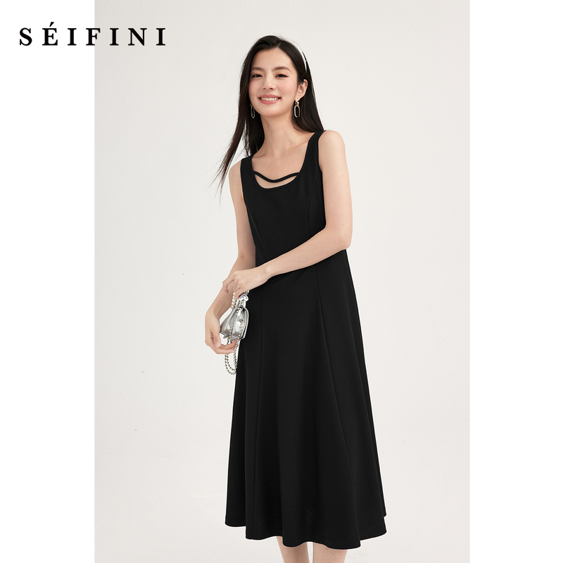 【商场同款】诗凡黎U领黑色针织连衣裙2024夏新款中长裙3F4590231