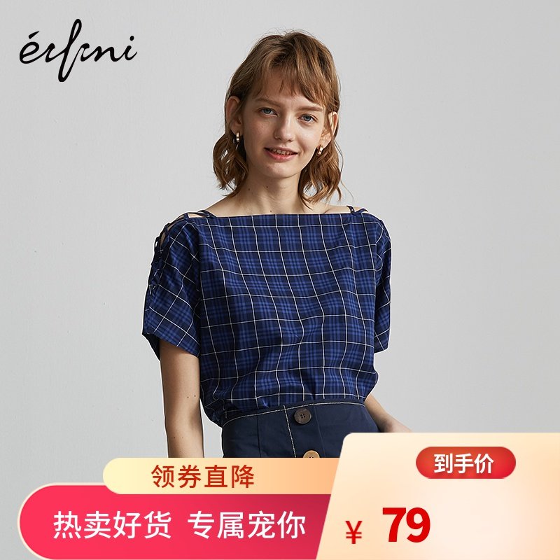 商场同款伊芙丽一字领复古格子潮衬衫女韩范1180438227781