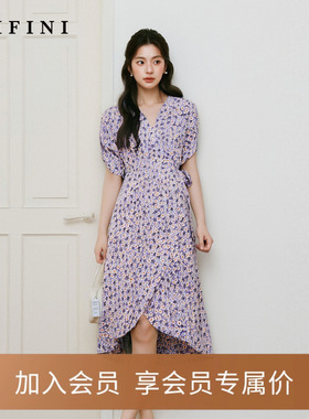 【商场同款】诗凡黎紫色v领系带碎花连衣裙2024夏新款女3F4890621