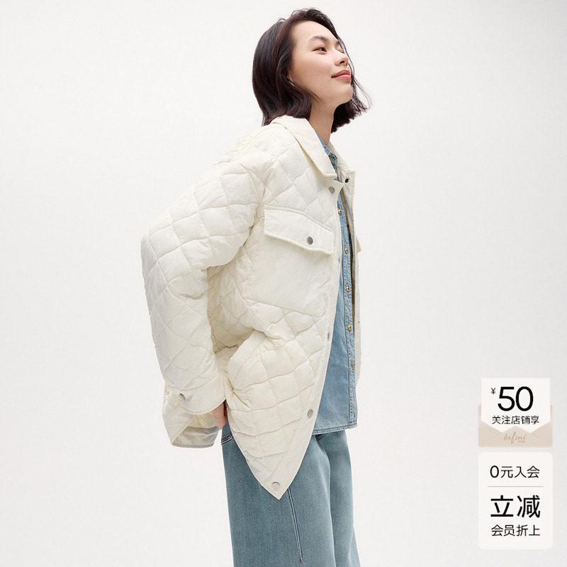 伊芙丽全羊绒内胆轻奢小香风设计感衬衫棉服女外套2024秋季新款