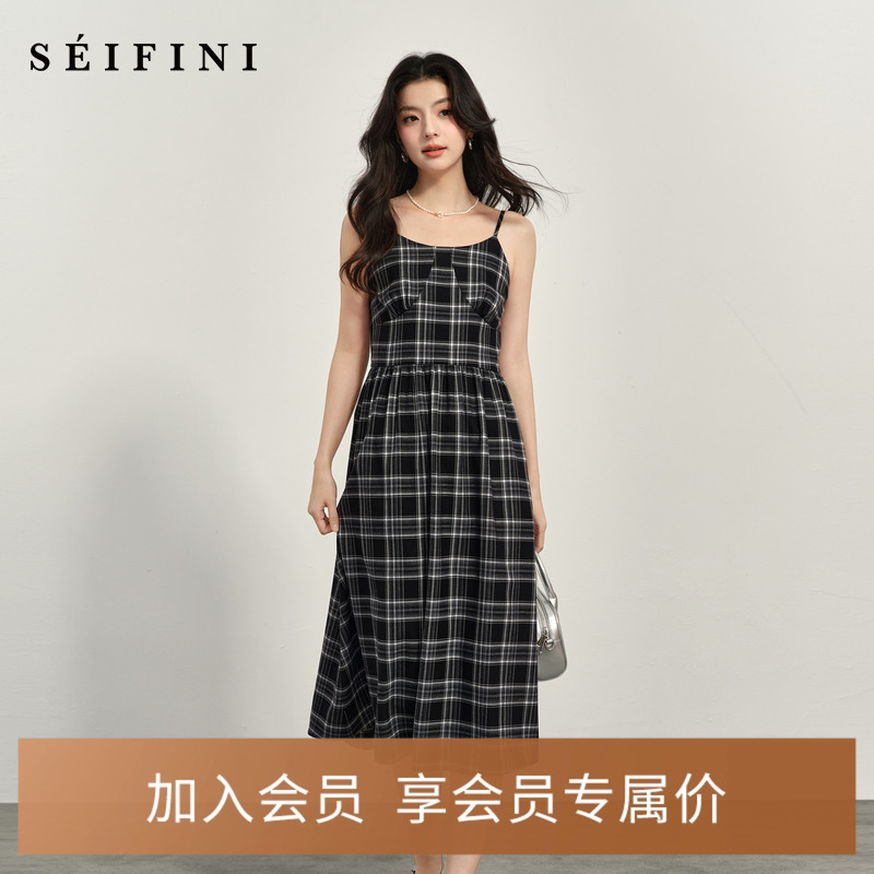 【商场同款】诗凡黎黑色格纹吊带连衣裙2024夏新款女3G3290671