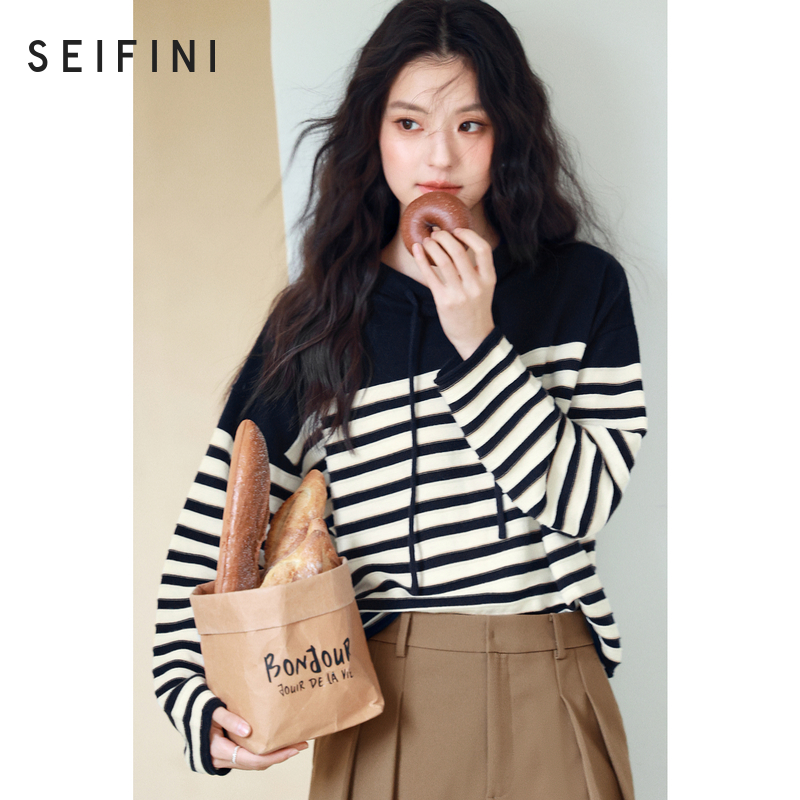 诗凡黎经典条纹连帽针织衫2025春新品高级感宽松慵懒风套头上衣女