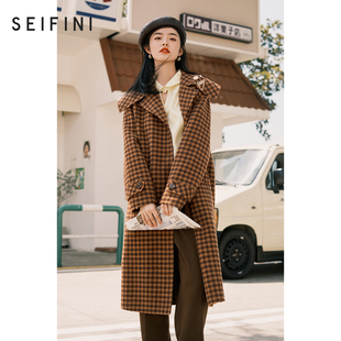 商场同款 诗凡黎毛呢外套女秋冬新品 格纹羊毛大衣双面呢7C9471651
