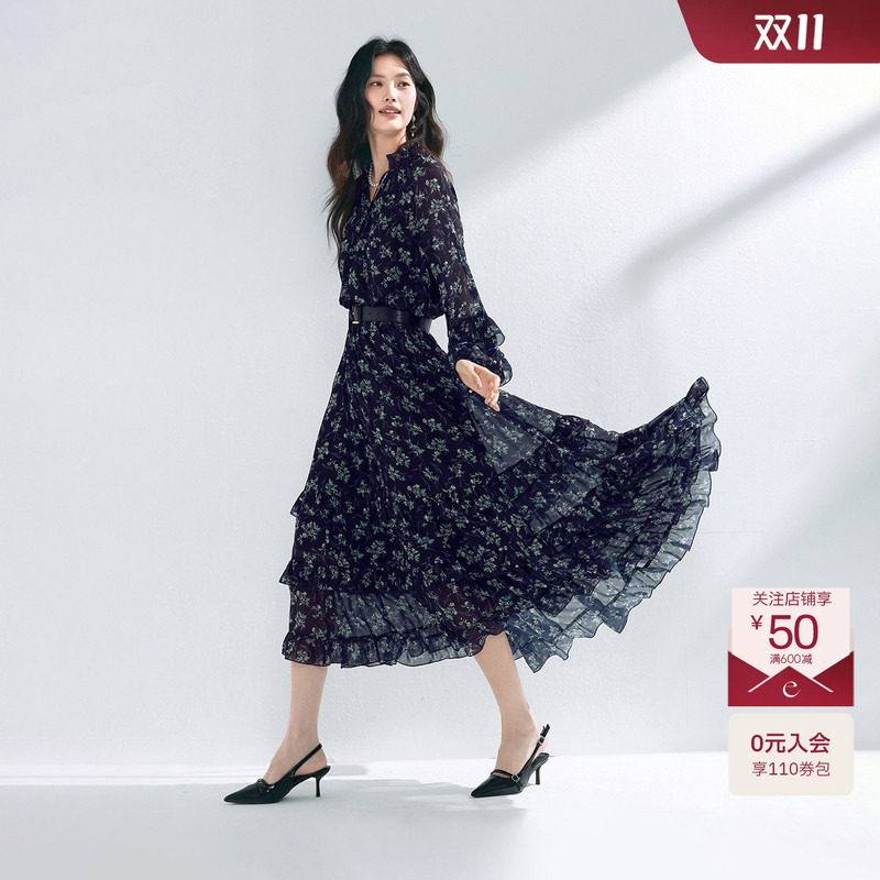 伊芙丽黑色系带木耳领蛋糕下摆百搭仙女连衣裙2024冬季新款小黑裙