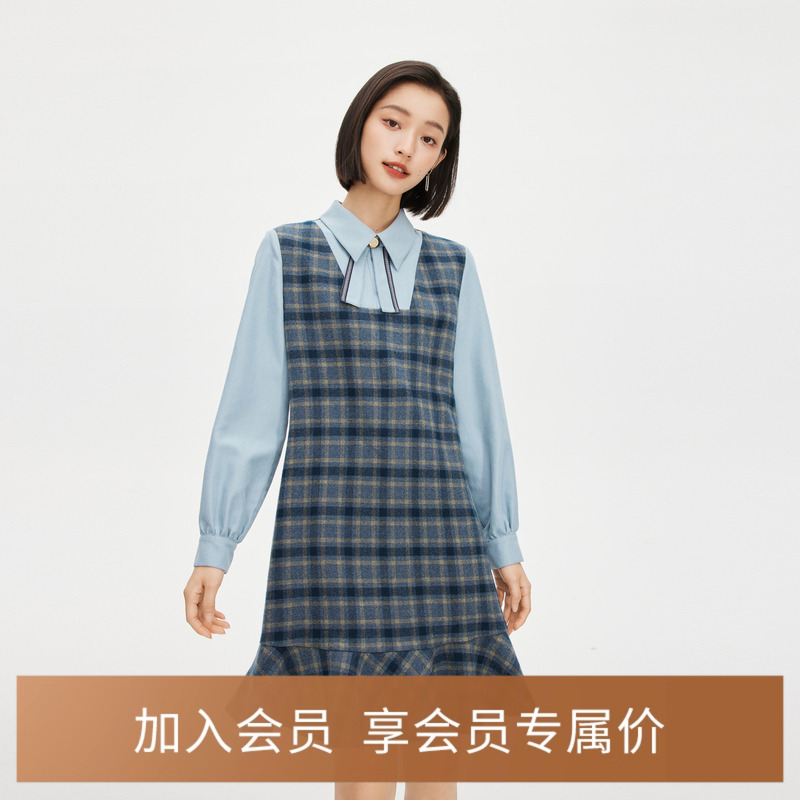 【商场同款】诗凡黎假两件连衣裙2022冬新款格纹裙子3DA292641