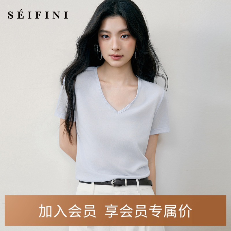 诗凡黎雪花棉亚麻V领T恤2025夏新款轻柔凉爽显瘦休闲百搭短袖上衣