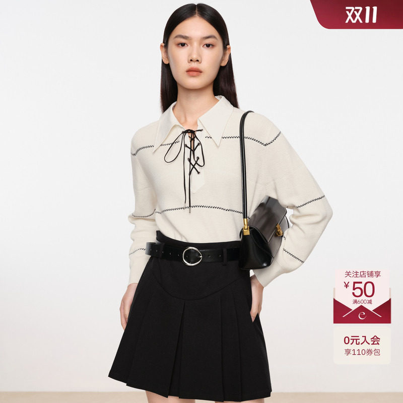 【商场同款】伊芙丽设计感优雅系带POLO翻领针织衫秋冬1EA131921