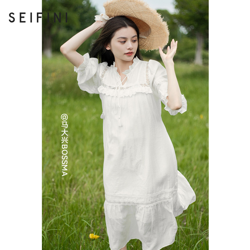诗凡黎波西米亚连衣裙新款法式垂感白色初恋显身材裙子女夏