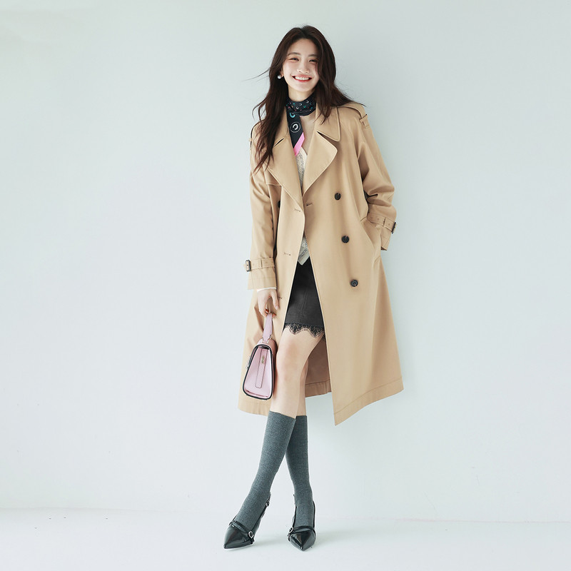 伊芙丽经典双门襟翻领长款风衣女2025春季新款英伦风通勤气质外套