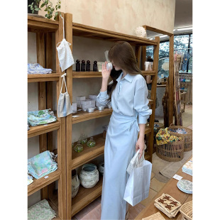 高级感假两件蓝色衬衫 小众设计显瘦气质POLO长裙 连衣裙女早春秋季