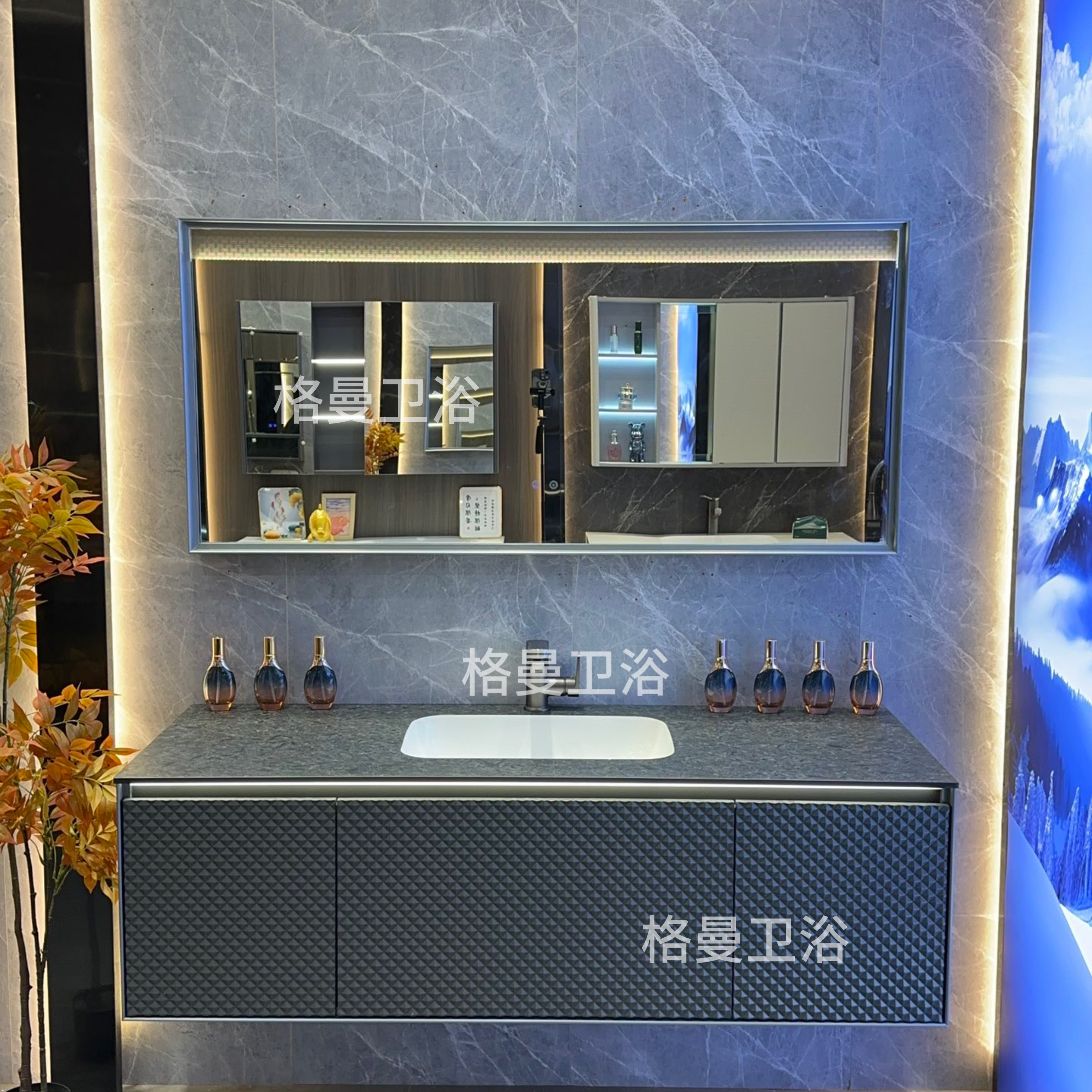 格曼卫浴卫生间大尺寸双盆浴室柜组合岩板陶瓷无缝一体洗脸手池盆