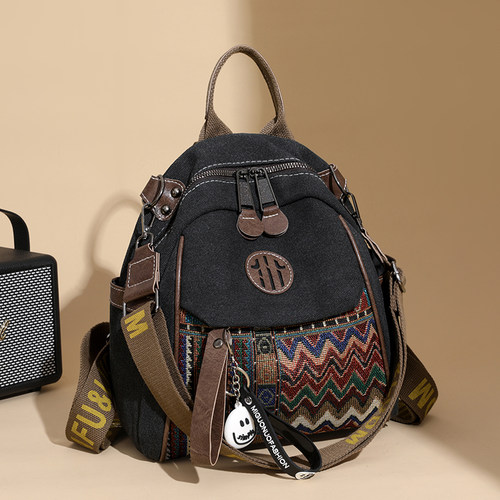 复古民族风刺绣双肩包牛仔布女2025新款时尚多用旅行背包单肩斜挎