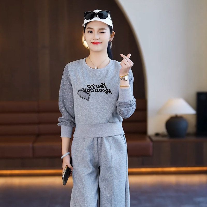 春款百搭束腰2025时尚女装套装两件套圆领卫衣打底阔腿裤弹力运动