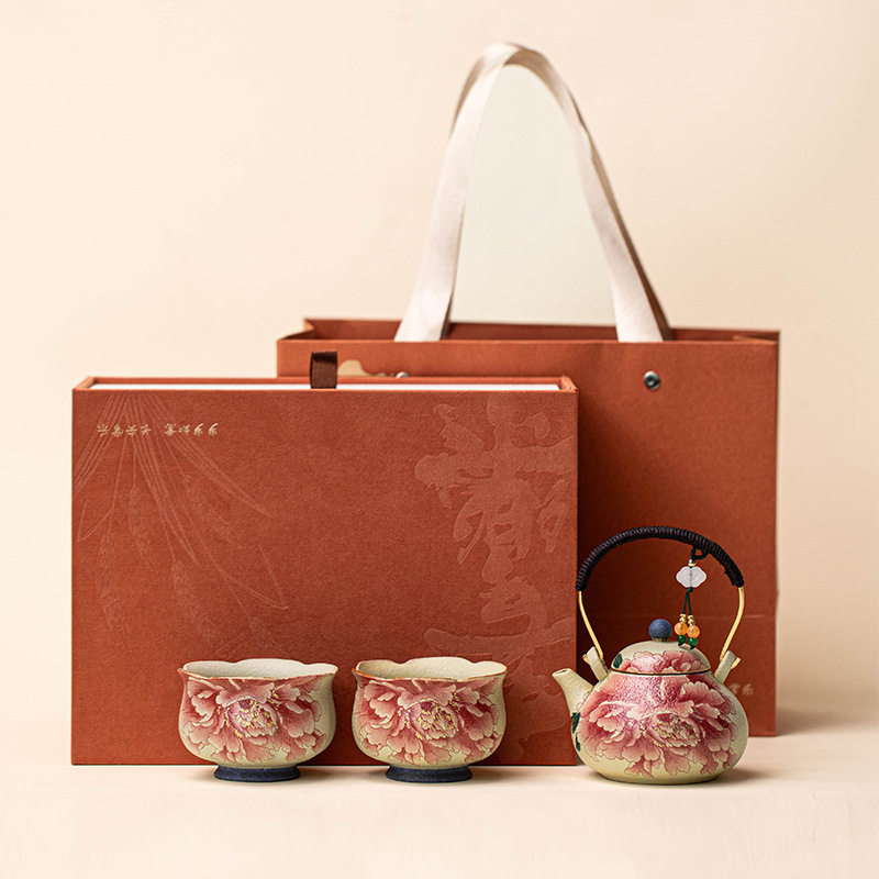窑变青花火石红提梁壶茶具