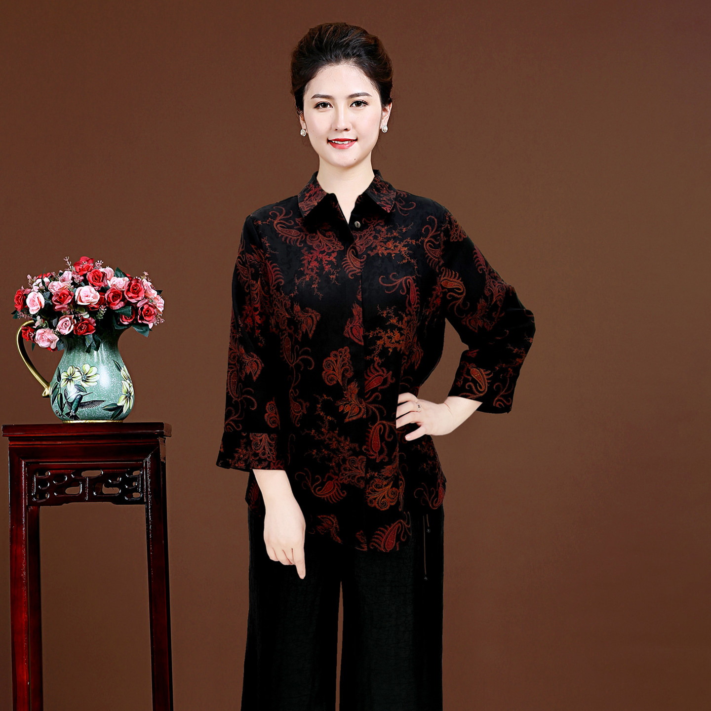 时尚重磅真丝衬衫女2025夏装新款中老年桑蚕丝妈妈香云纱上衣外搭