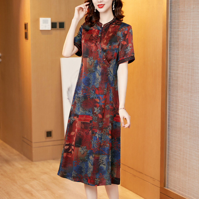 专柜正品珍珠缎香云纱连衣裙女中长款宽松大码夏季中老年真丝裙子