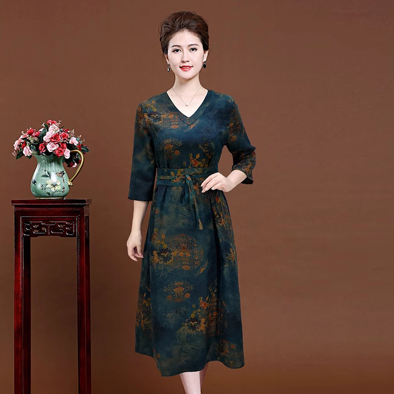 专柜正品真丝花罗香云纱连衣裙女妈妈时尚桑蚕丝套头裙V领 送腰封