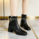 复古金属扣方头粗跟短靴女秋冬新款 加绒保暖侧拉链高跟时装 靴9696
