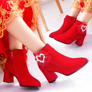 冬季婚鞋女2023年新款粗跟加绒红色高跟结婚靴子新娘鞋红秀禾婚靴