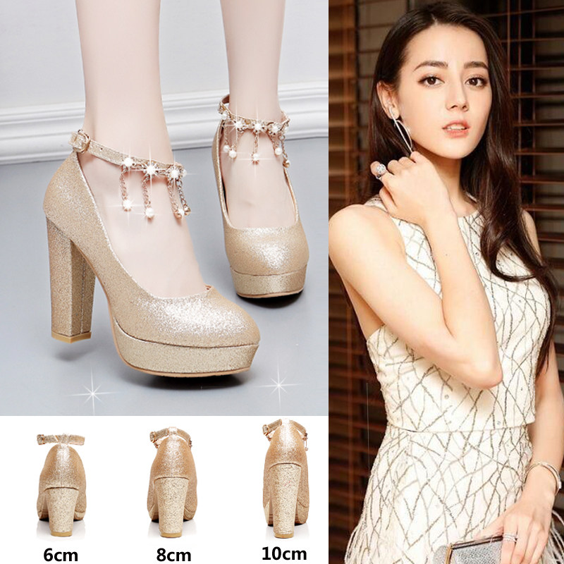 金色高跟鞋水晶鞋婚鞋女2019新娘鞋女粗跟中跟香槟婚紗禮服伴娘鞋在類目 女鞋, 低幫鞋中 - 來自Buy2taobao.com提供專業的淘寶代購服務
