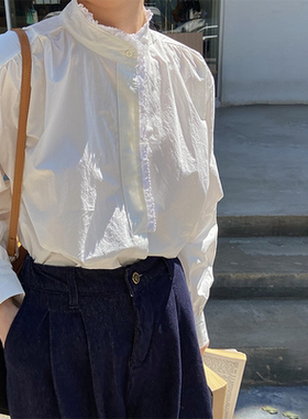 蕾丝花边立领白衬衫女2026春夏法式复古高级感泡泡袖宽松内搭上衣