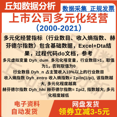 上市公司多元化经营数据2000-2021含stata代码过程，原始数据参考