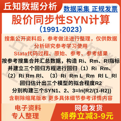 股价同步性SYN计算（1991-2023）Stata代码过程SYN=ln(R2/(1-R2))