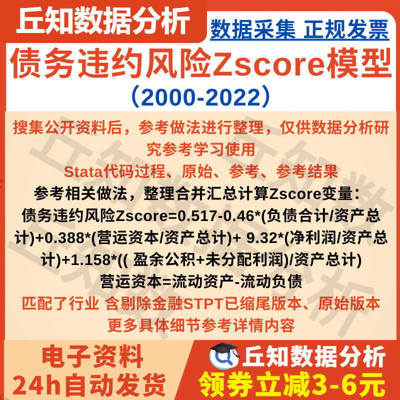 债务违约风险Zscore模型Stata代码过程2000-2022匹配行业剔除缩尾