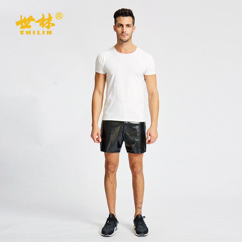 世林春秋季皮裤男薄款pu皮短裤男韩版潮黑色休闲皮裤四合扣皮短裤