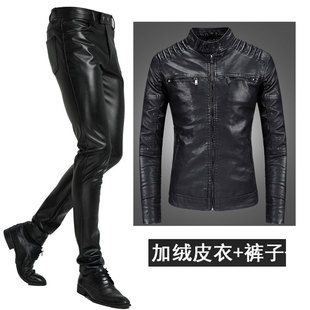皮衣皮裤 款 套装 帅气外套冬季 男加绒一套机车服修身 骑行摩托车男士