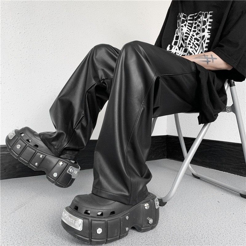 美式机车PU皮裤男春秋高级感宽松直筒阔腿裤小众设计感休闲裤潮流,男装,皮裤,淘宝优惠券,粉丝福利购,淘宝优惠卷