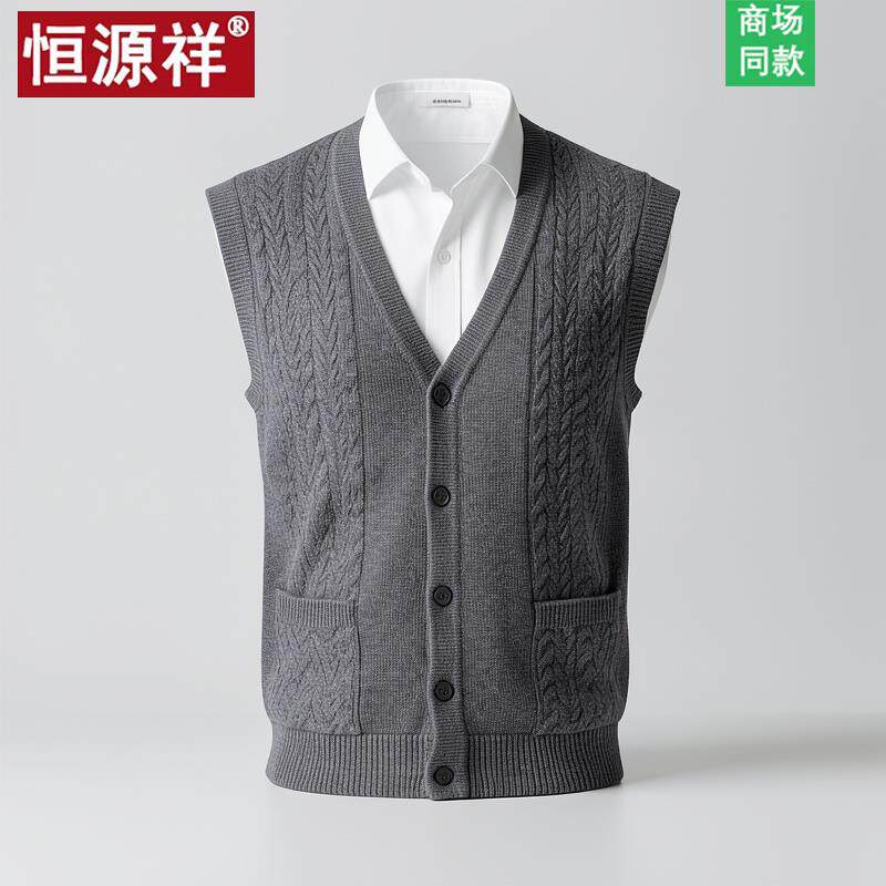 恒源祥男士羊毛衫坎肩中年马甲秋冬毛衣爸爸装无袖背心V领羊绒衫
