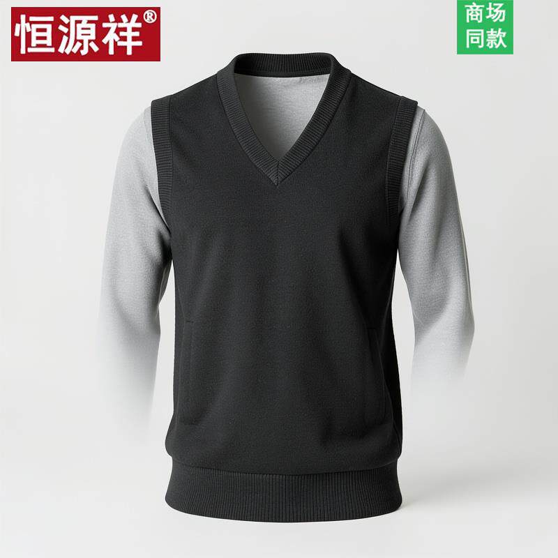 恒源祥秋冬2026新款羊绒衫背心V领开衫毛衣爸爸加厚马甲羊毛衫男