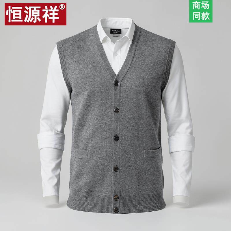 恒源祥男士V领羊毛衫背心秋冬加厚羊绒衫男新款爸爸毛衣开衫马甲