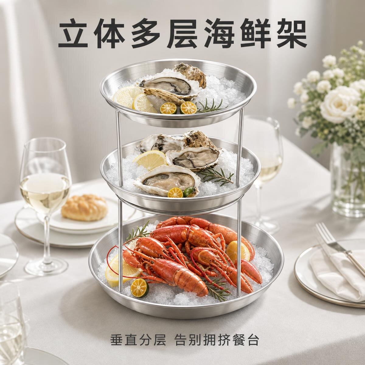 不锈钢多层海鲜展示托盘酒店餐厅