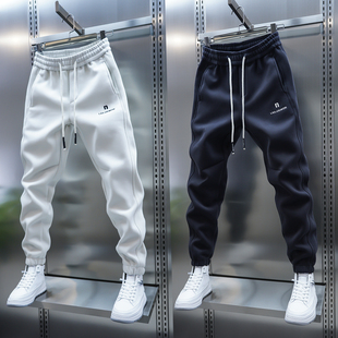 字母刺绣拼接百搭小脚裤 2025男士 纯色束脚休闲裤 加厚运动卫裤 新款
