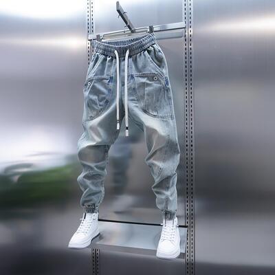 2026春秋季水洗牛仔裤男大口袋束脚哈伦裤浅蓝色痞帅束脚休闲裤