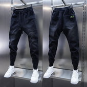 潮流男士 百搭大口袋 弹力松紧腰束脚休闲裤 黑灰色修身 小脚牛仔裤