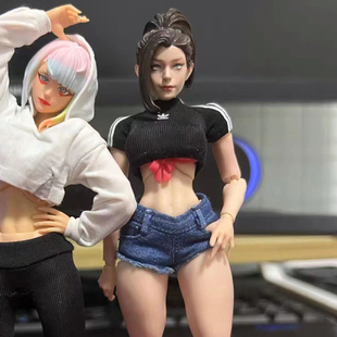 Romankey衣服配件1/12潮流女素体运动T恤牛仔短裤6寸机娘人偶热裤