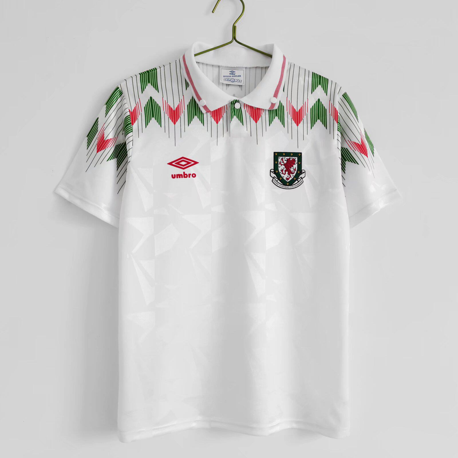 复古怀旧款1990-1992威尔士wales客场足球服球衣波衫 白色