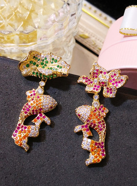 国风微镶锆石荷花锦鲤精致彩橙色立体荷叶气质奢华复古耳环女银针