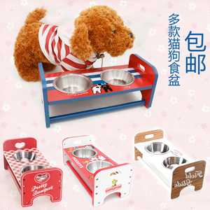 外贸日系包邮木架狗盆狗碗猫食盆宠物日用品木制不锈钢双碗宠物
