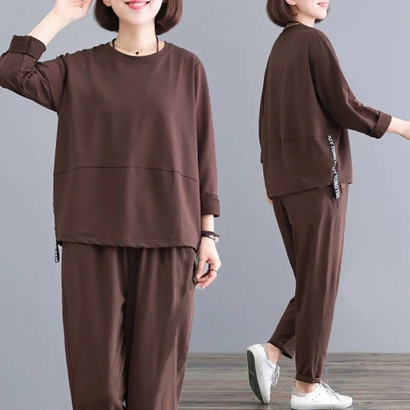 ((M--4XL))大码女装休闲套装女春季款纯色运动服妈妈装时尚两件套