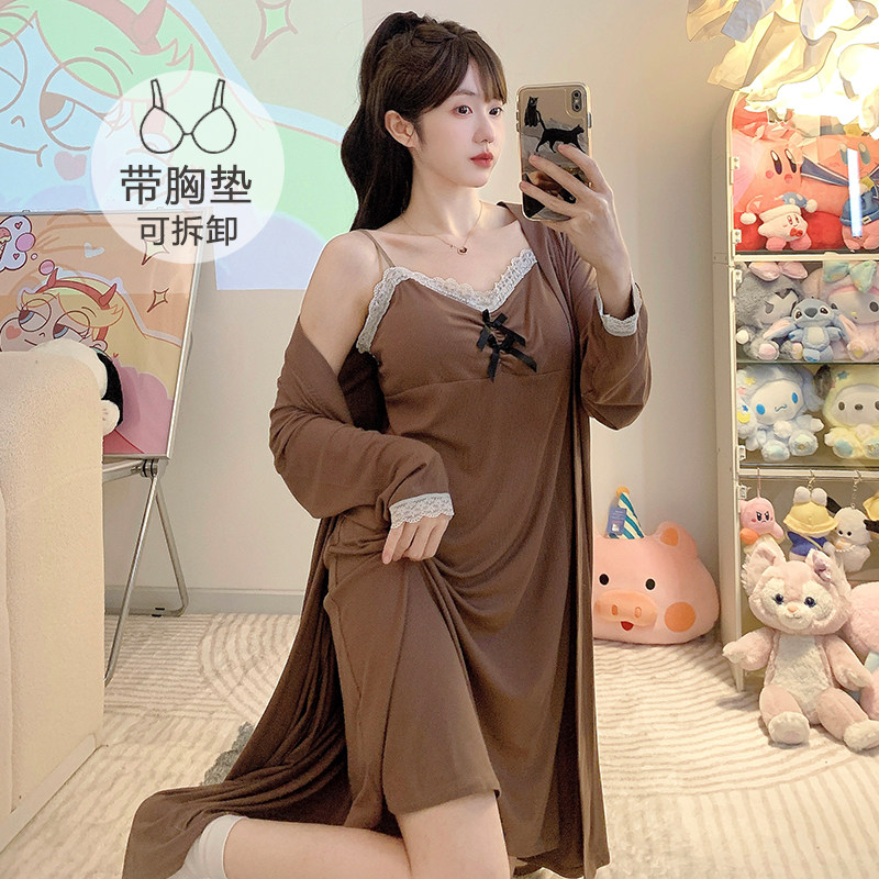 春夏睡衣女甜美带胸垫吊带开衫长袖睡袍大码220斤两件家居服睡裙